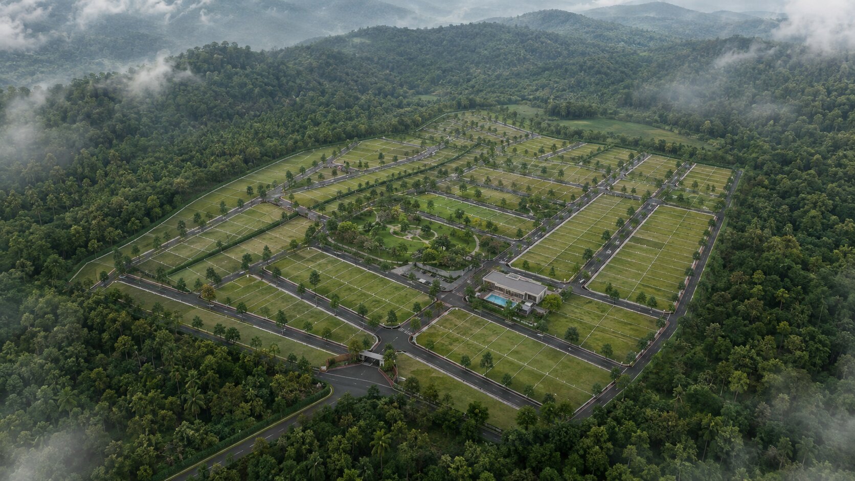 3D render — aerial view of the finished fifty-acre Yauvana layout in the hills