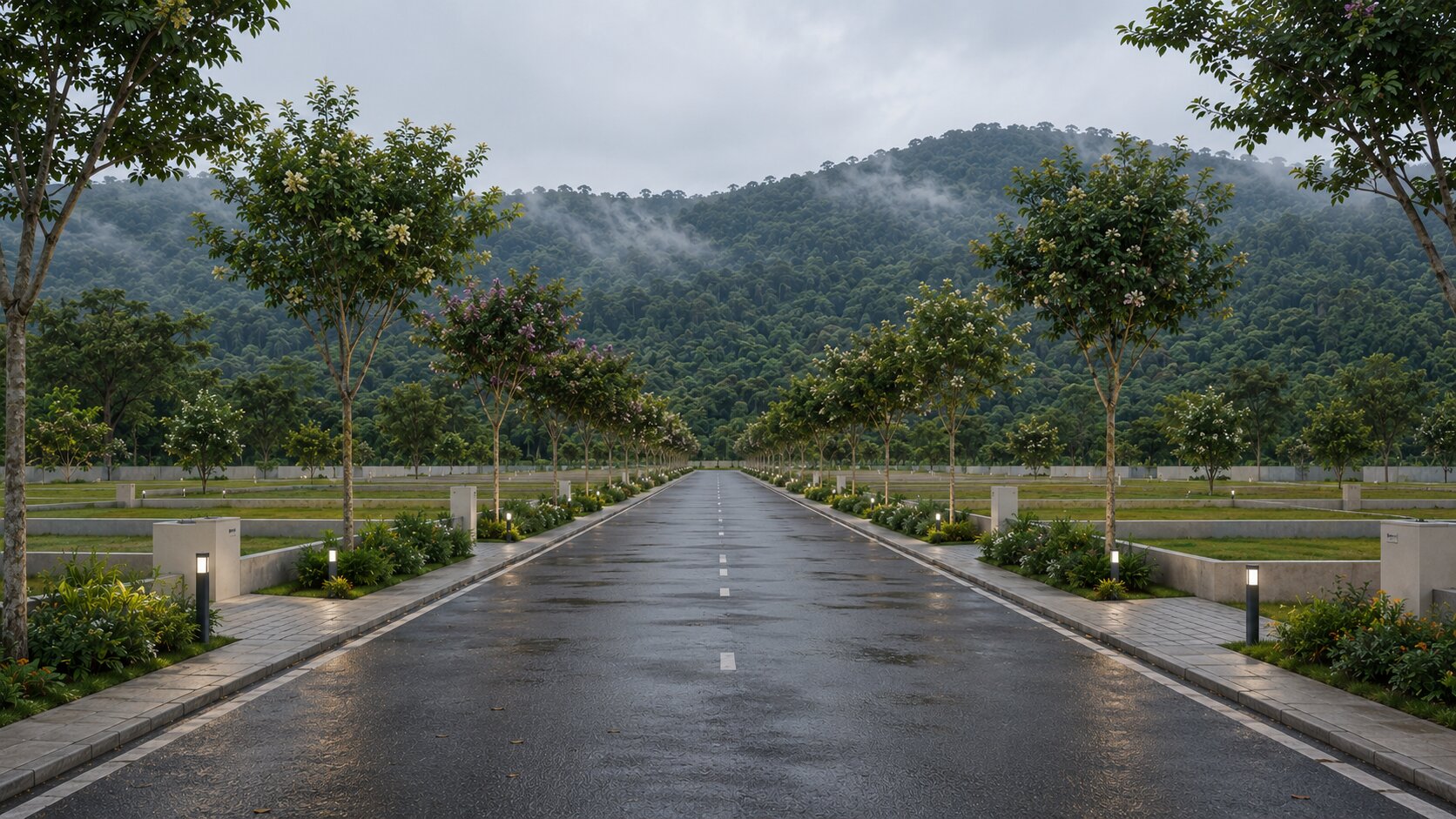 3D render — a tree-lined internal avenue with kerb lighting