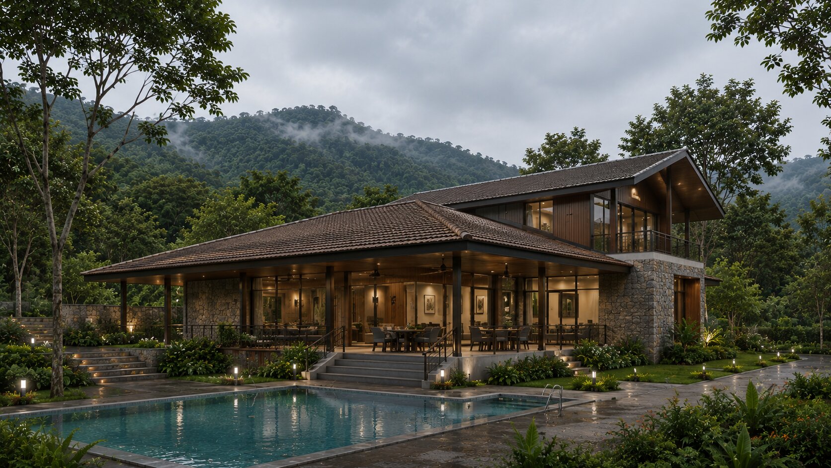 3D render — the clubhouse exterior with pool at dusk
