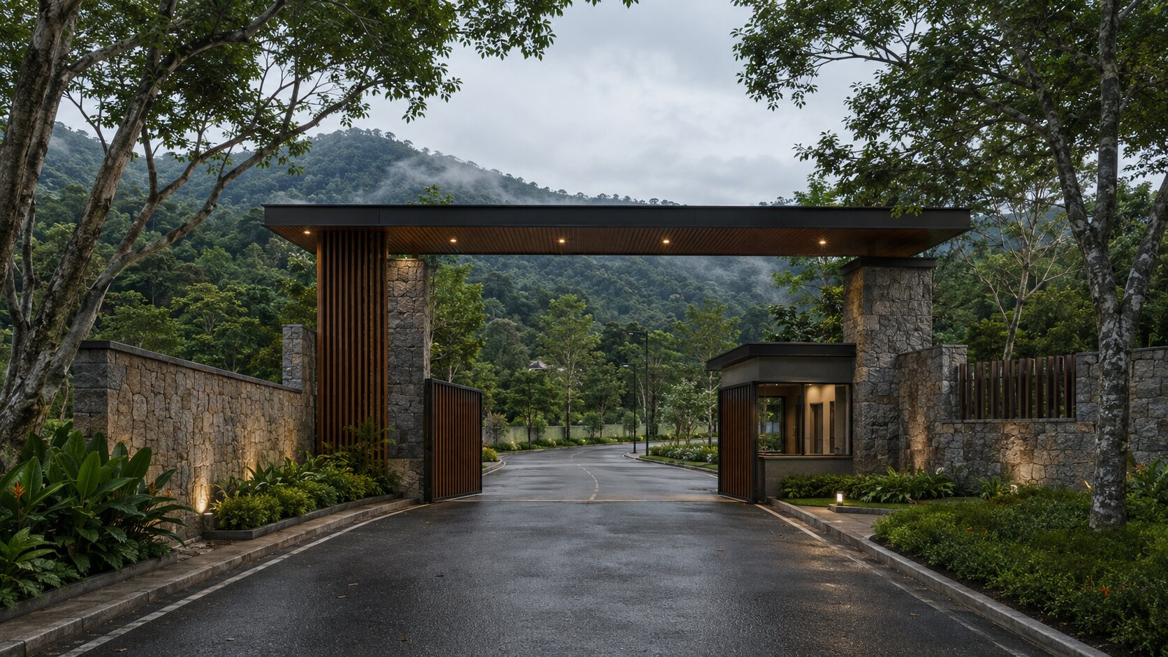 3D render — the main entrance arch and gatehouse